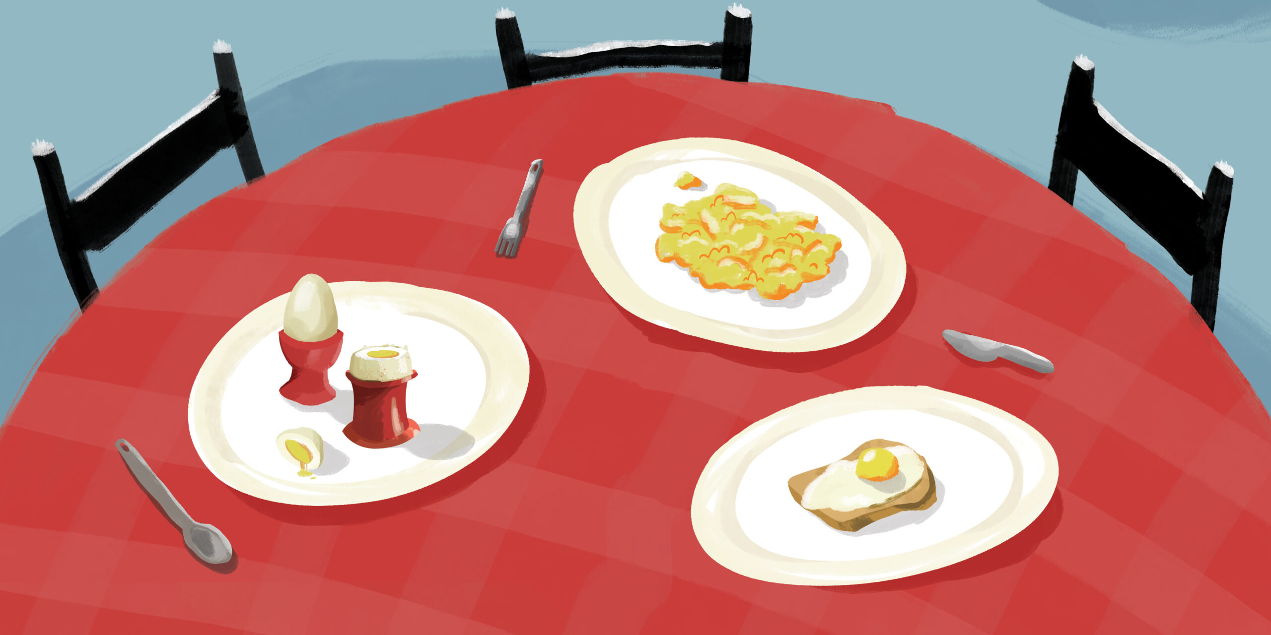 How do you want your eggs? — original illustrated page 12, English text included