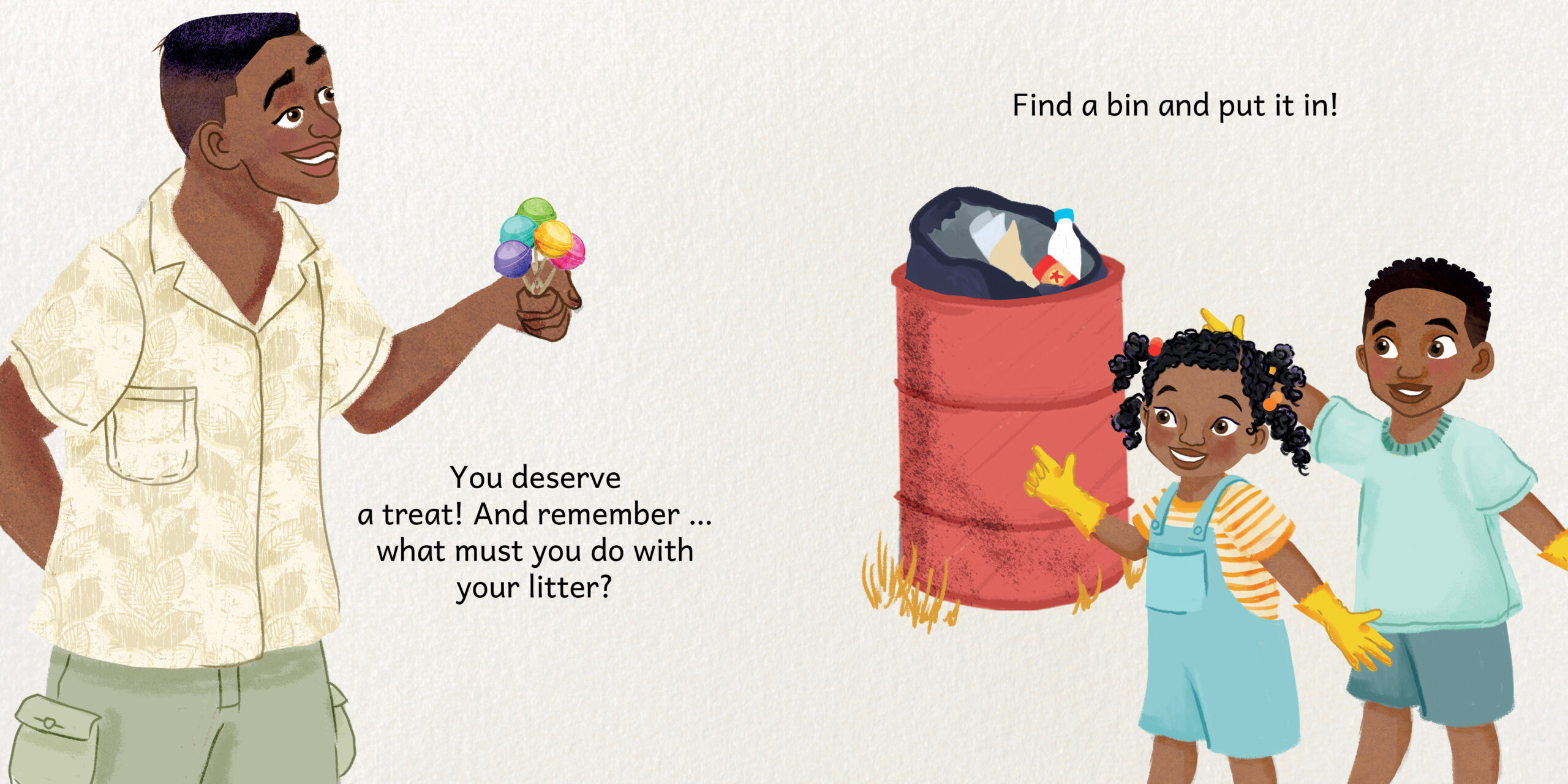 Let’s go on a litter hunt — original illustrated page 13, English text included