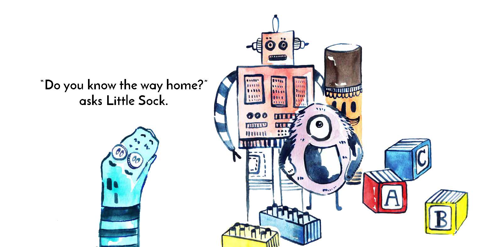 Little Sock and the tiny creatures — original illustrated page 7, English text included