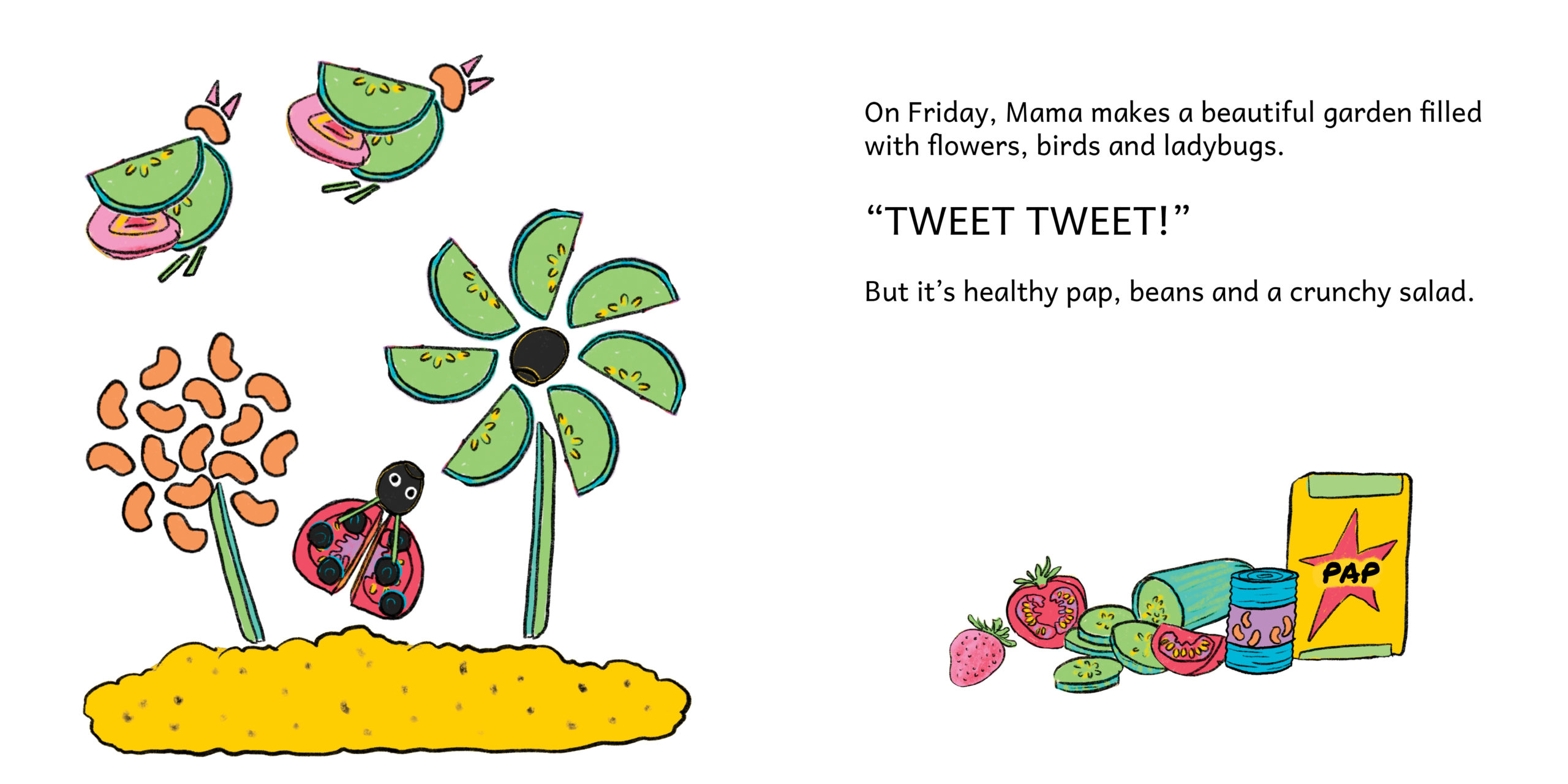 Mama, What’s For Lunch? — original illustrated page 9, English text included