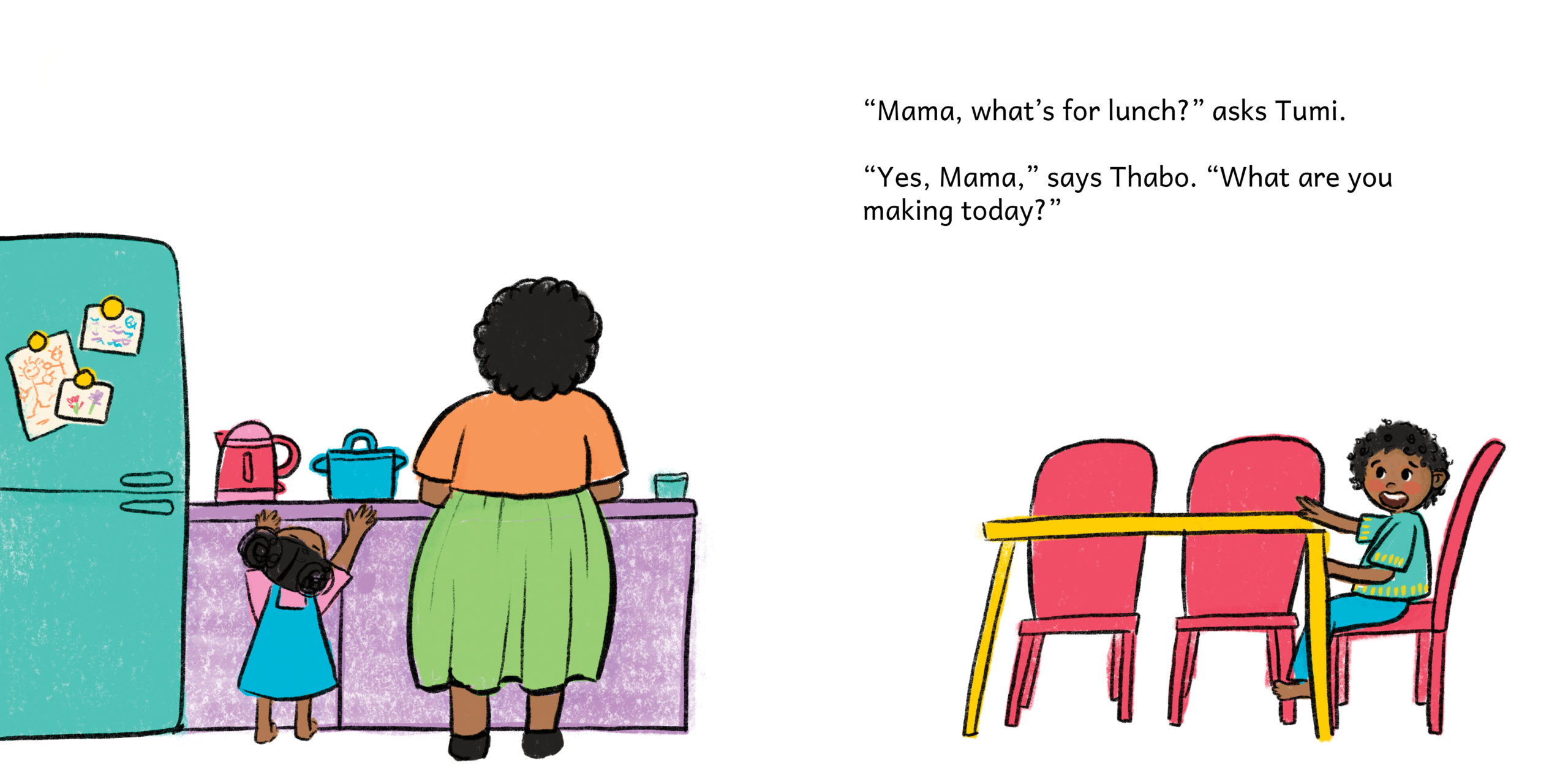 Mama, What’s For Lunch? — original illustrated page 10, English text included