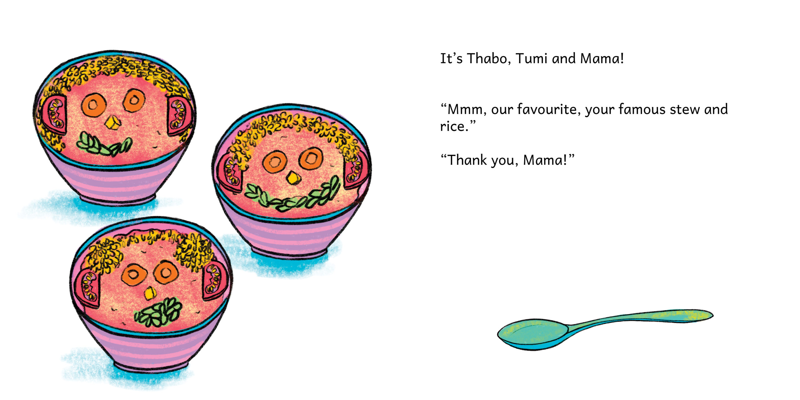 Mama, What’s For Lunch? — original illustrated page 12, English text included