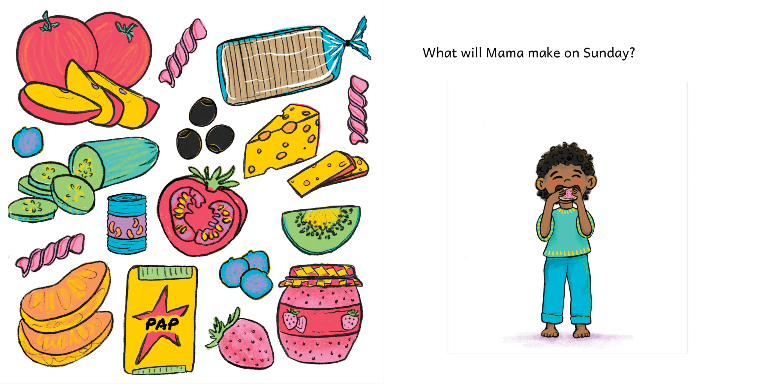 Mama, What’s For Lunch? — original illustrated page 13, English text included