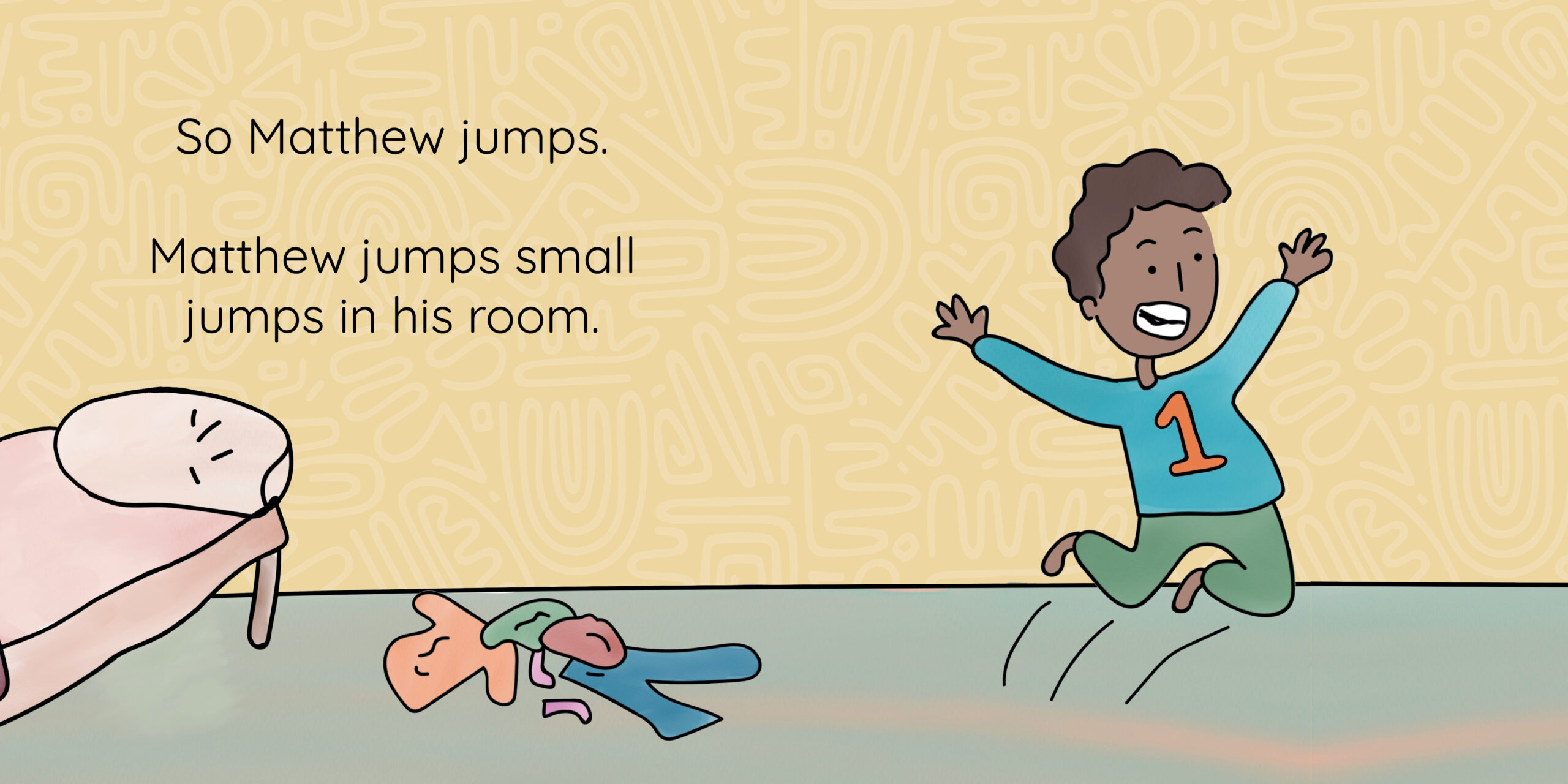 Matthew is up! — original illustrated page 8, English text included