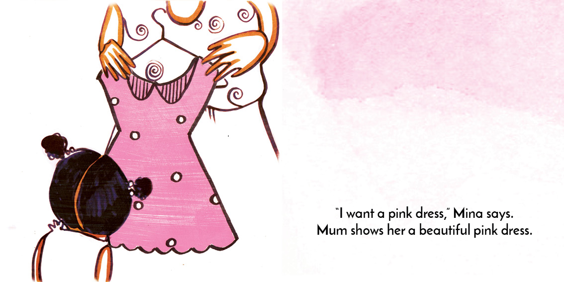 Mina and the Birthday Dress — original illustrated page 8, English text included