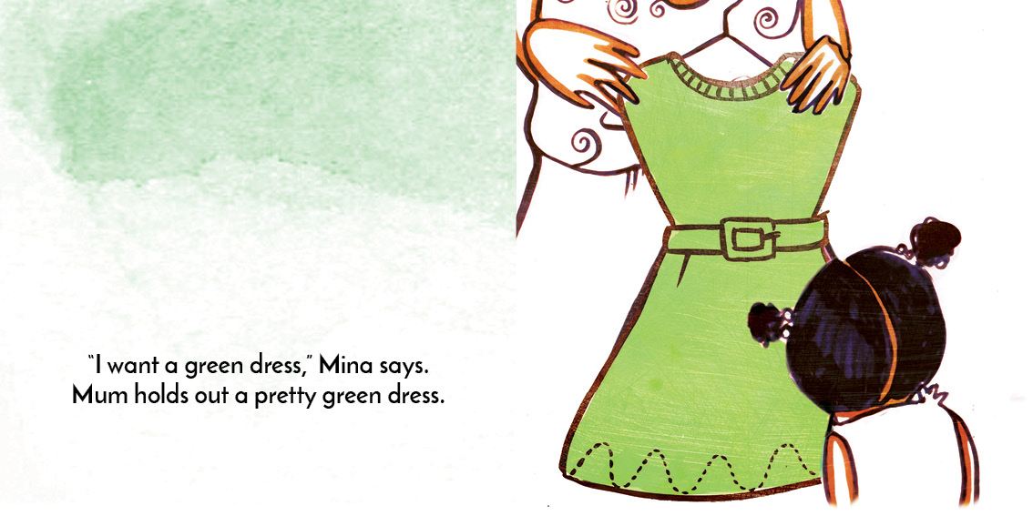 Mina and the Birthday Dress — original illustrated page 10, English text included