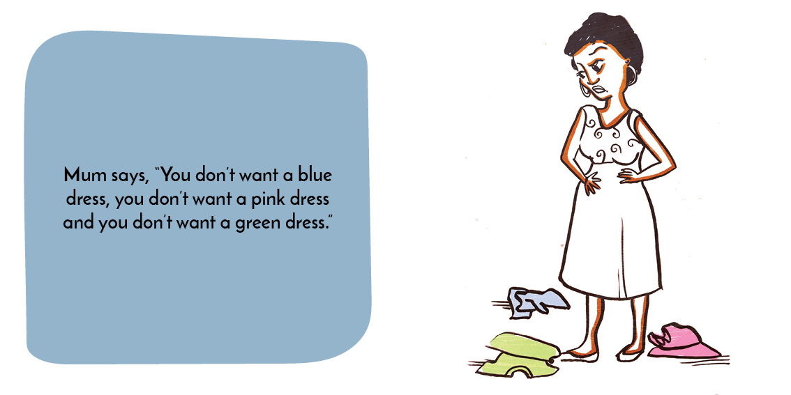 Mina and the Birthday Dress — original illustrated page 12, English text included