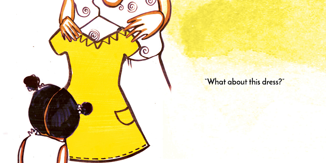 Mina and the Birthday Dress — original illustrated page 13, English text included