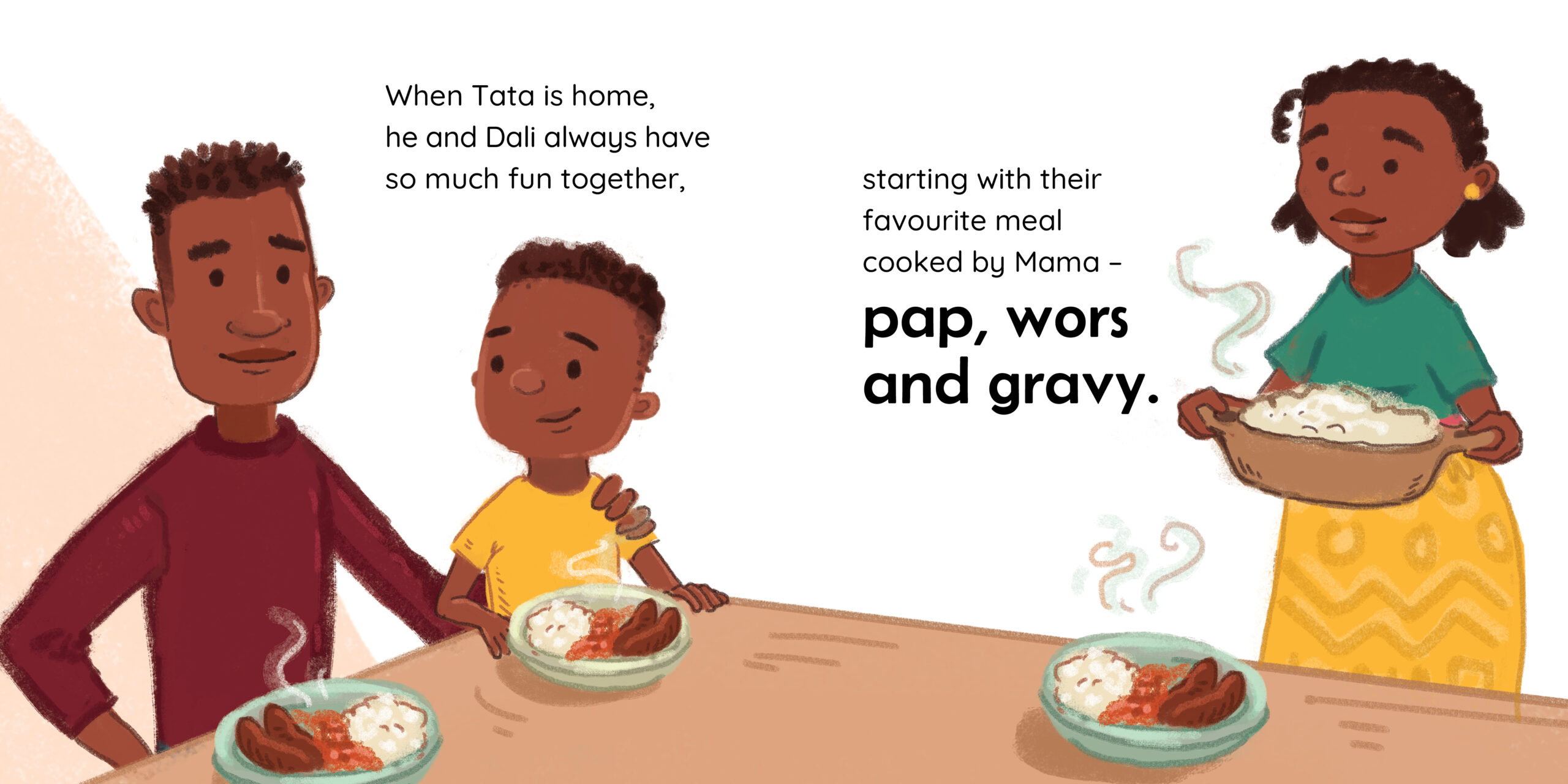 Tata comes home — original illustrated page 8, English text included