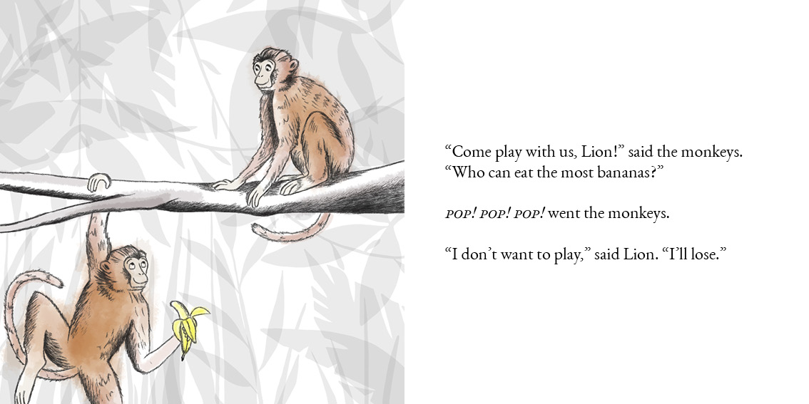 The Lion who Wouldn’t Try — original illustrated page 5, English text included