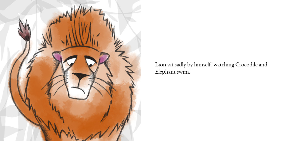 The Lion who Wouldn’t Try — original illustrated page 9, English text included