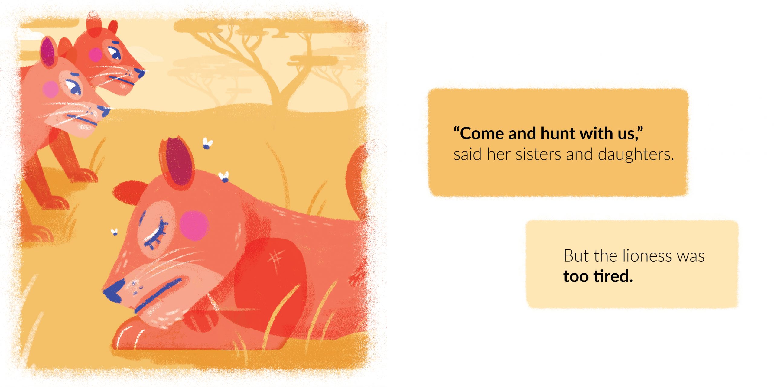 The Very Tired Lioness — original illustrated page 3, English text included