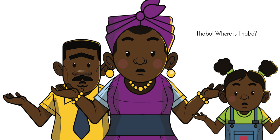 Where is Thabo? — original illustrated page 12, English text included