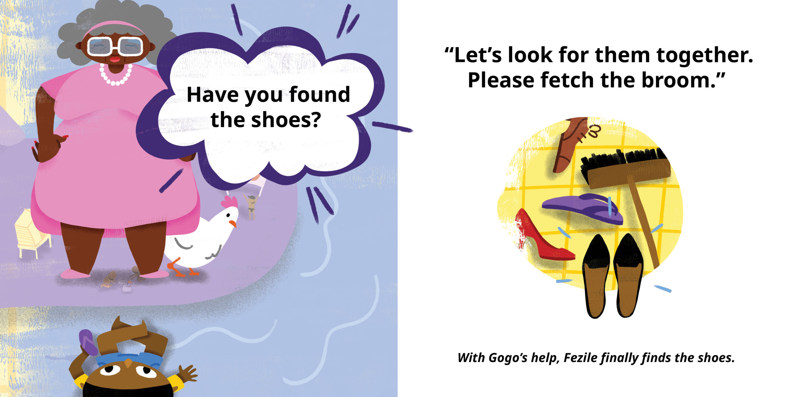 Whose shoe is this? — original illustrated page 12, English text included