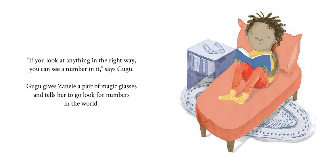 Zanele sees numbers — original illustrated page 15, English text included